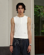 ZHABUXIAO Embroidered Ribbed Elastic Slim Henley Tank Top Black & White