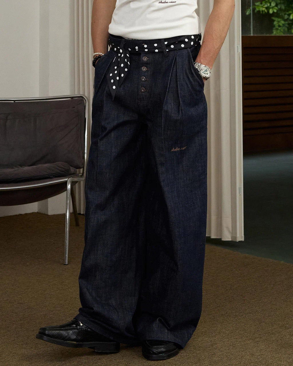 ZHABUXIAO Pleated Wool Blend Straight Leg Raw Denim Jeans YKK Blue