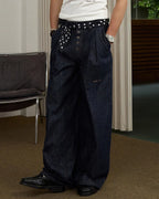 ZHABUXIAO Pleated Wool Blend Straight Leg Raw Denim Jeans YKK Blue