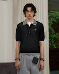 ZHABUXIAO Lightweight Wool Blend Mesh Striped Casual Polo Black & White