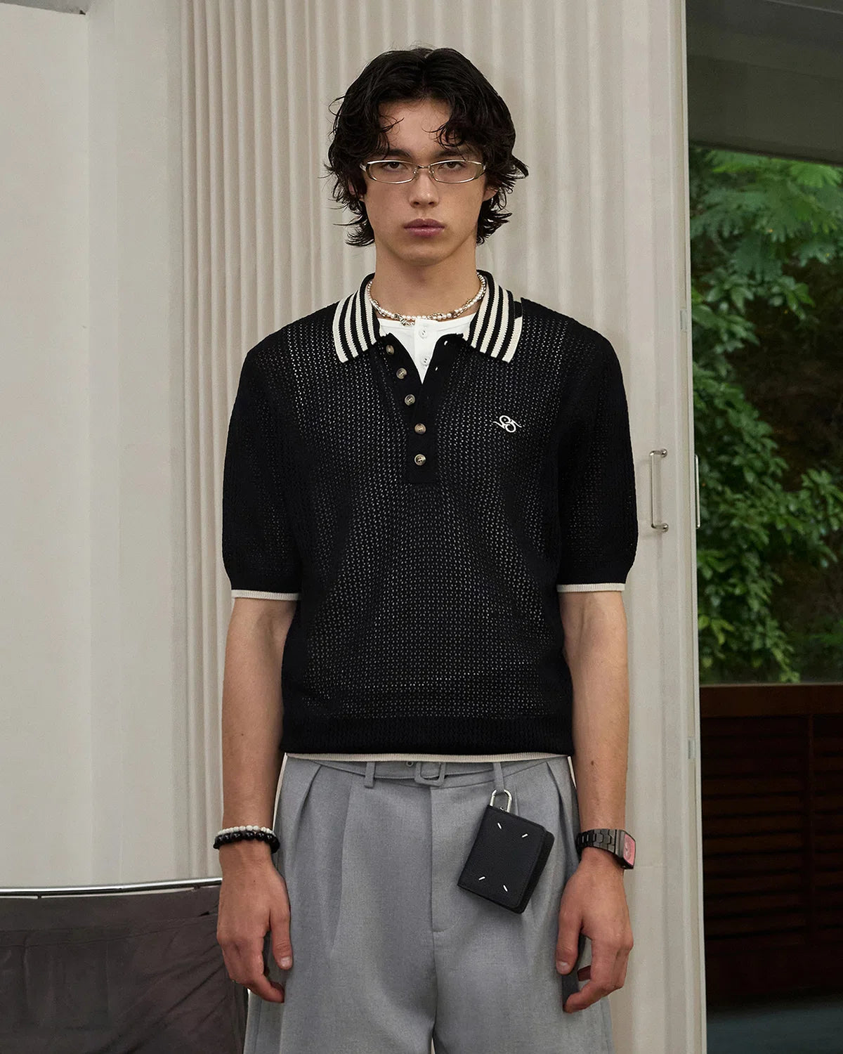 ZHABUXIAO Lightweight Wool Blend Mesh Striped Casual Polo Black & White