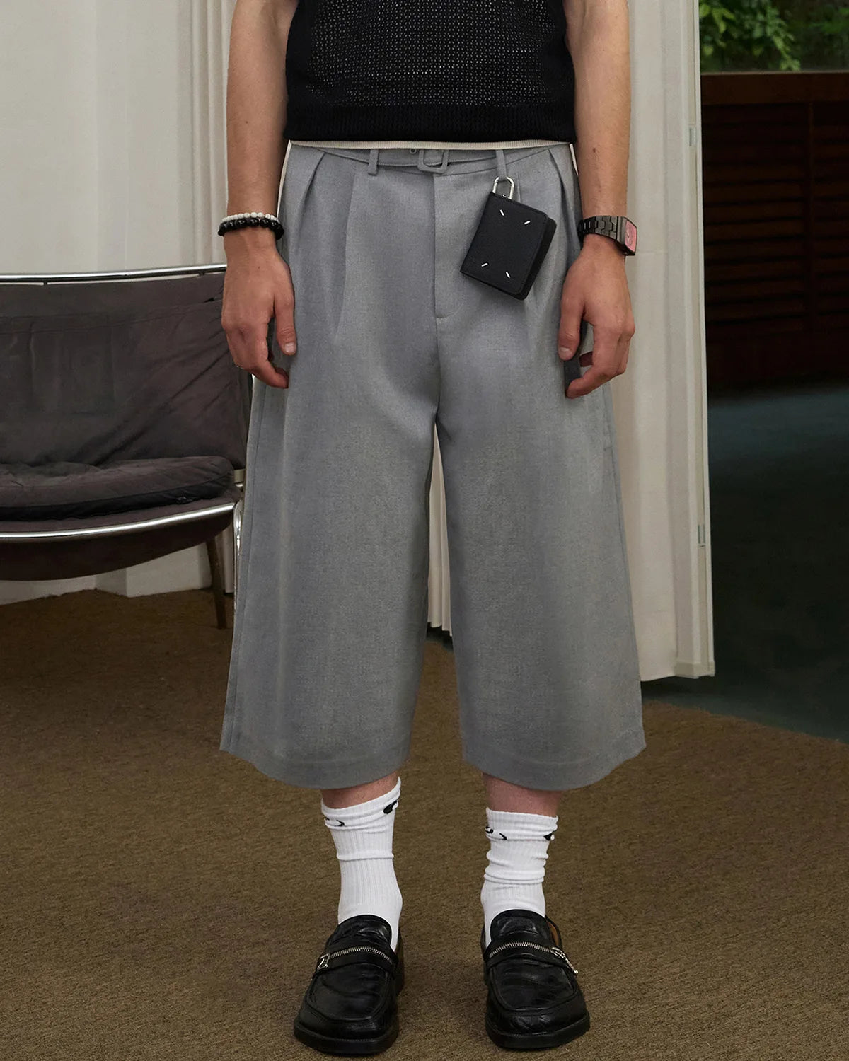 ZHABUXIAO Wool Blend Capri Straight Belted Tailored Dress Pants Gray & Khaki