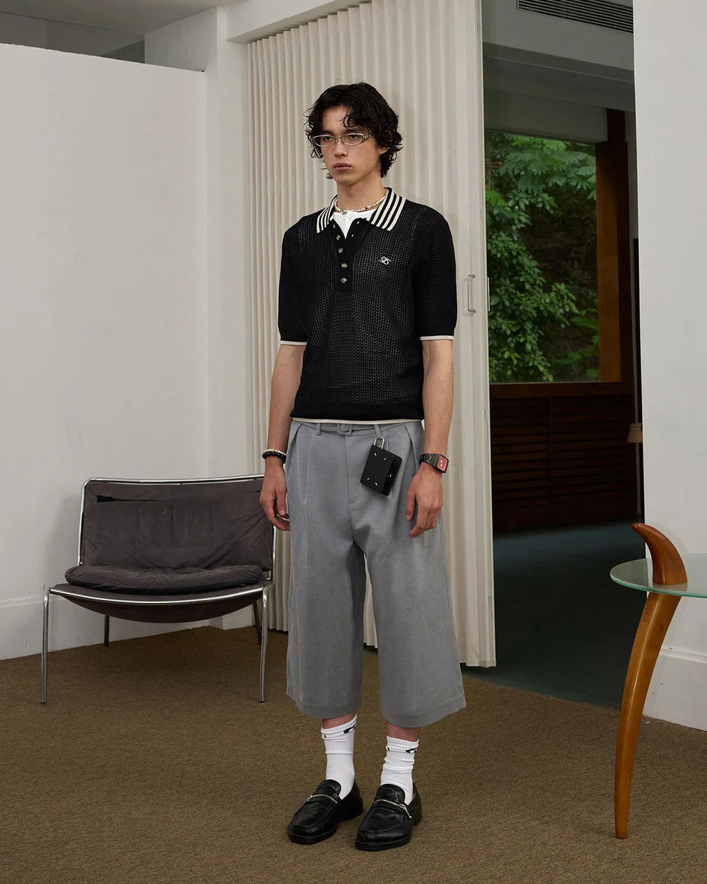 ZHABUXIAO Lightweight Wool Blend Mesh Striped Casual Polo Black & White