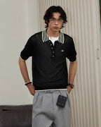 ZHABUXIAO Lightweight Wool Blend Mesh Striped Casual Polo Black & White