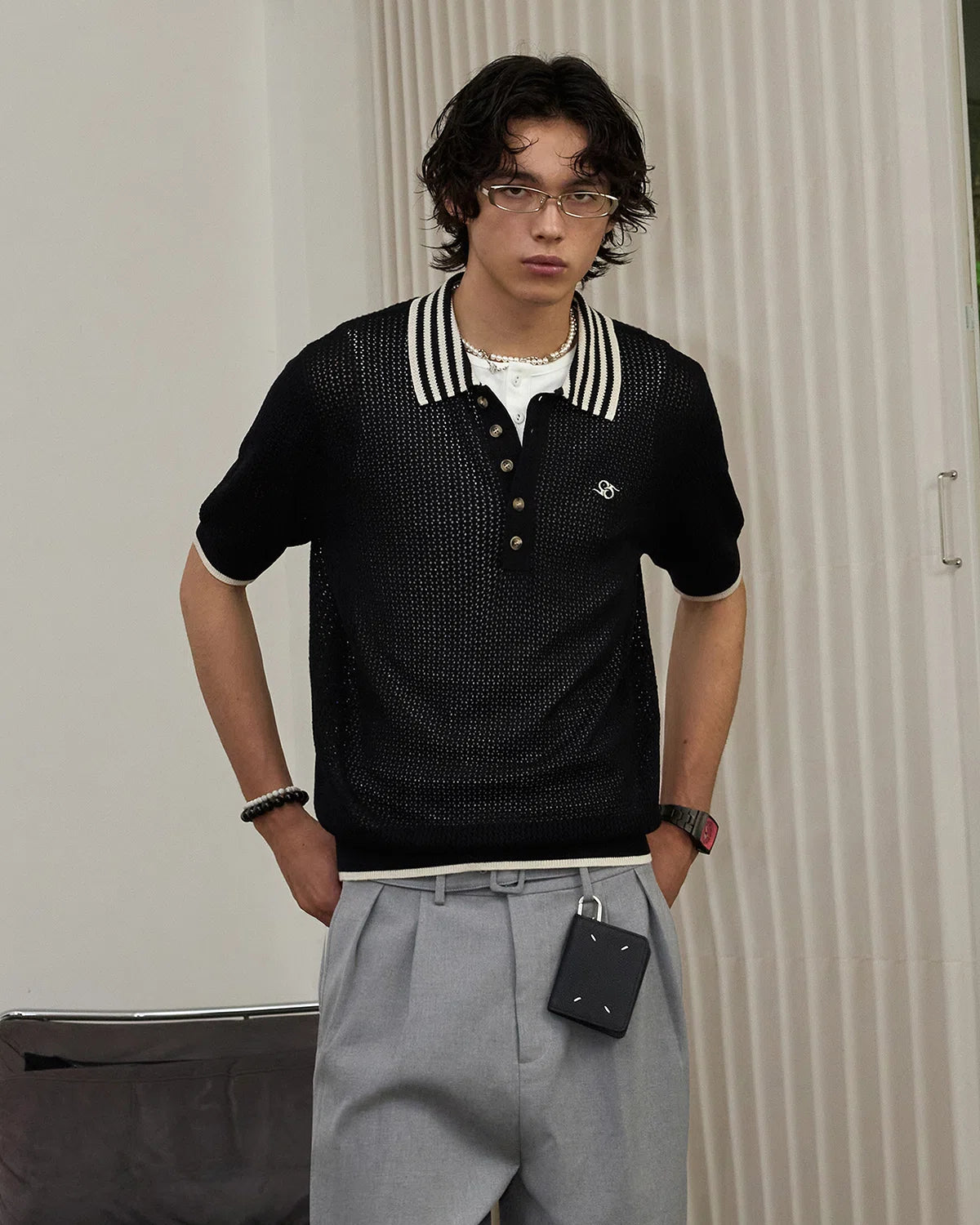 ZHABUXIAO Lightweight Wool Blend Mesh Striped Casual Polo Black & White