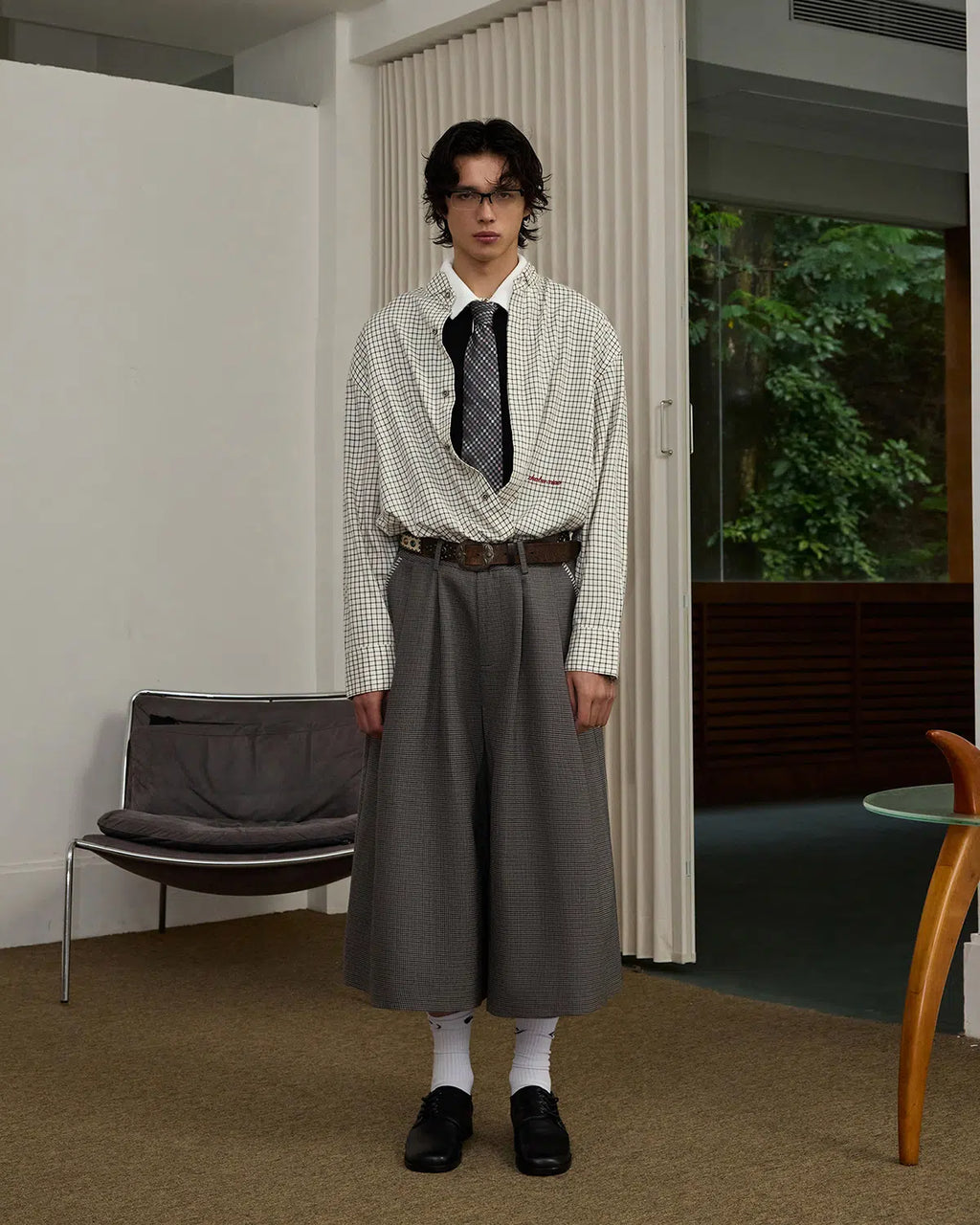 ZHABUXIAO Plaid Lyocell Linen Hidden Placket Long Sleeve Shirt Black and White Plaid