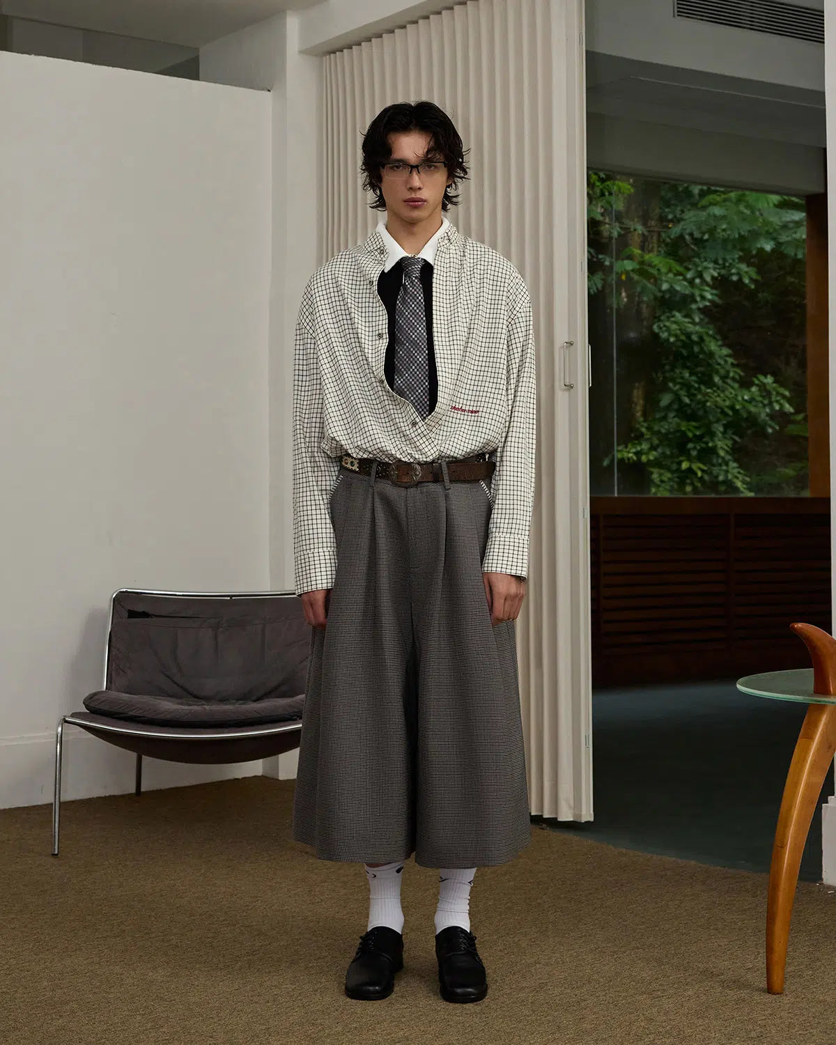 ZHABUXIAO Plaid Lyocell Linen Hidden Placket Long Sleeve Shirt Black and White Plaid