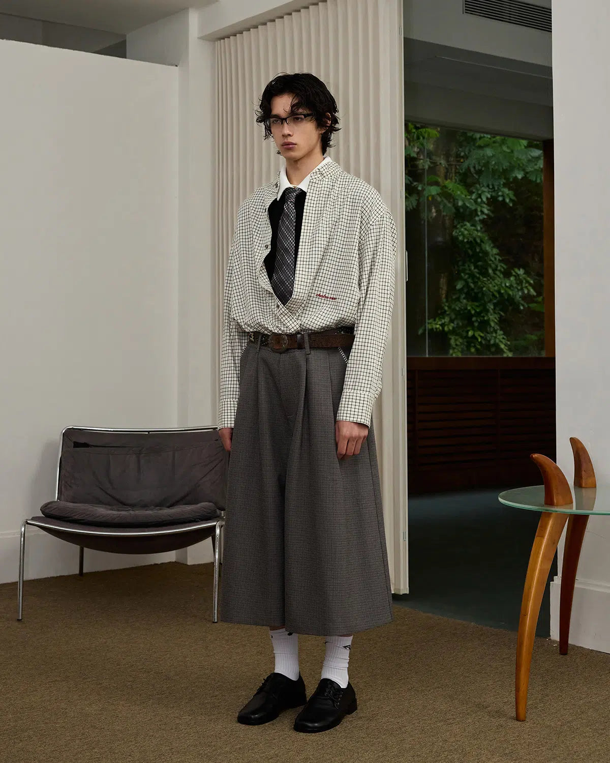ZHABUXIAO Plaid Lyocell Linen Hidden Placket Long Sleeve Shirt Black and White Plaid
