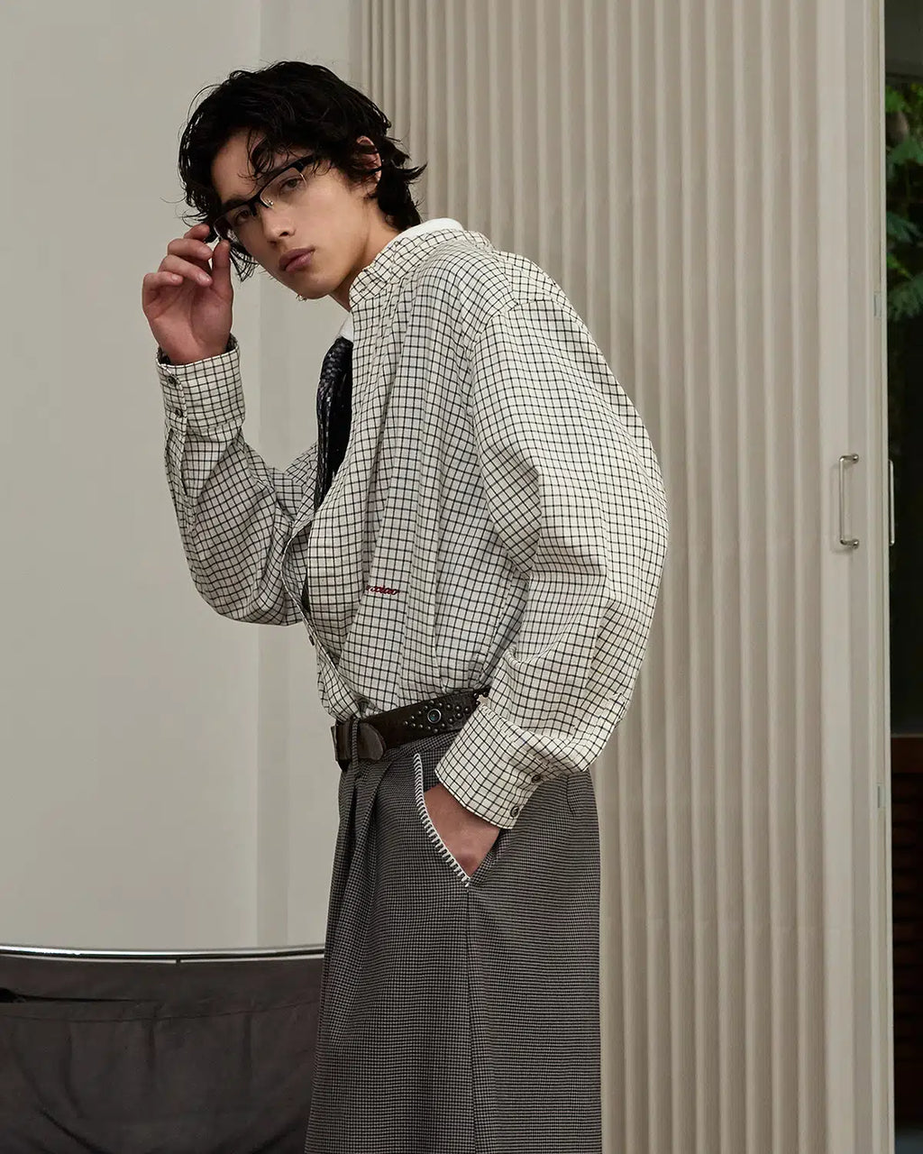 ZHABUXIAO Plaid Lyocell Linen Hidden Placket Long Sleeve Shirt Black and White Plaid
