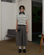 ZHABUXIAO Striped Waffle Knit Shell Button Polo Short Shirt White