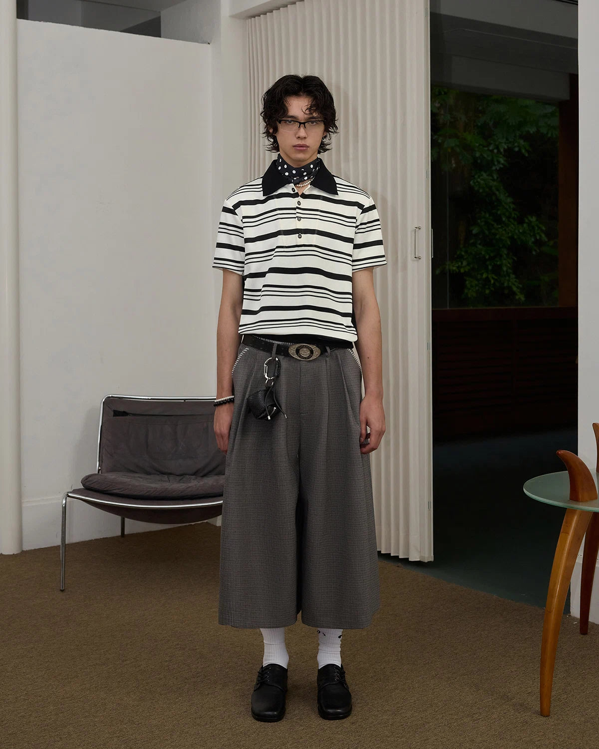 ZHABUXIAO Striped Waffle Knit Shell Button Polo Short Shirt White