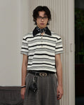 ZHABUXIAO Striped Waffle Knit Shell Button Polo Short Shirt White