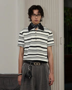 ZHABUXIAO Striped Waffle Knit Shell Button Polo Short Shirt White