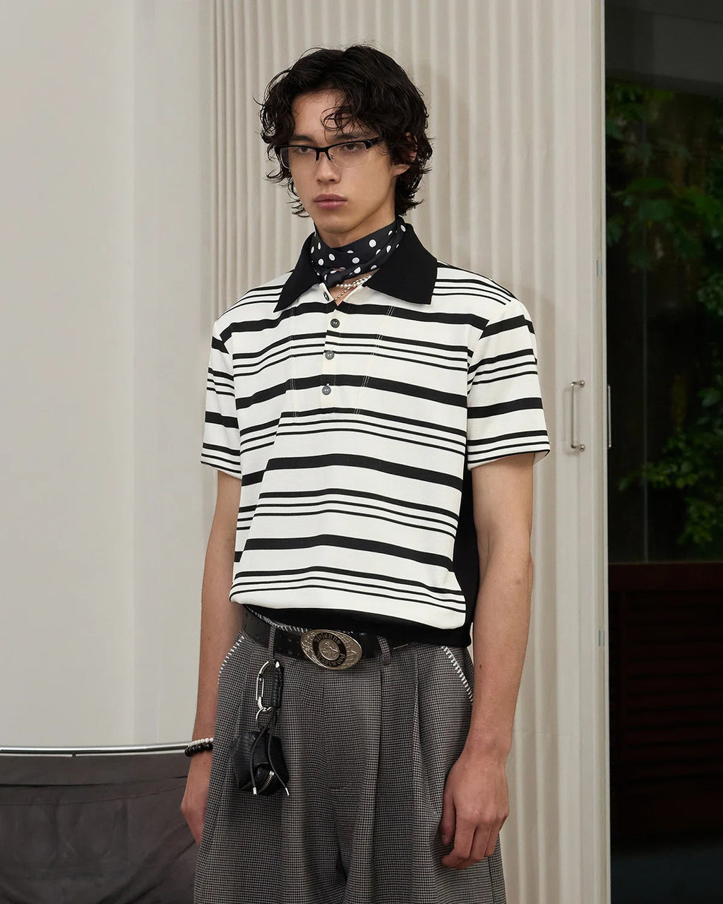 ZHABUXIAO Striped Waffle Knit Shell Button Polo Short Shirt White