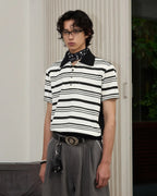 ZHABUXIAO Striped Waffle Knit Shell Button Polo Short Shirt White