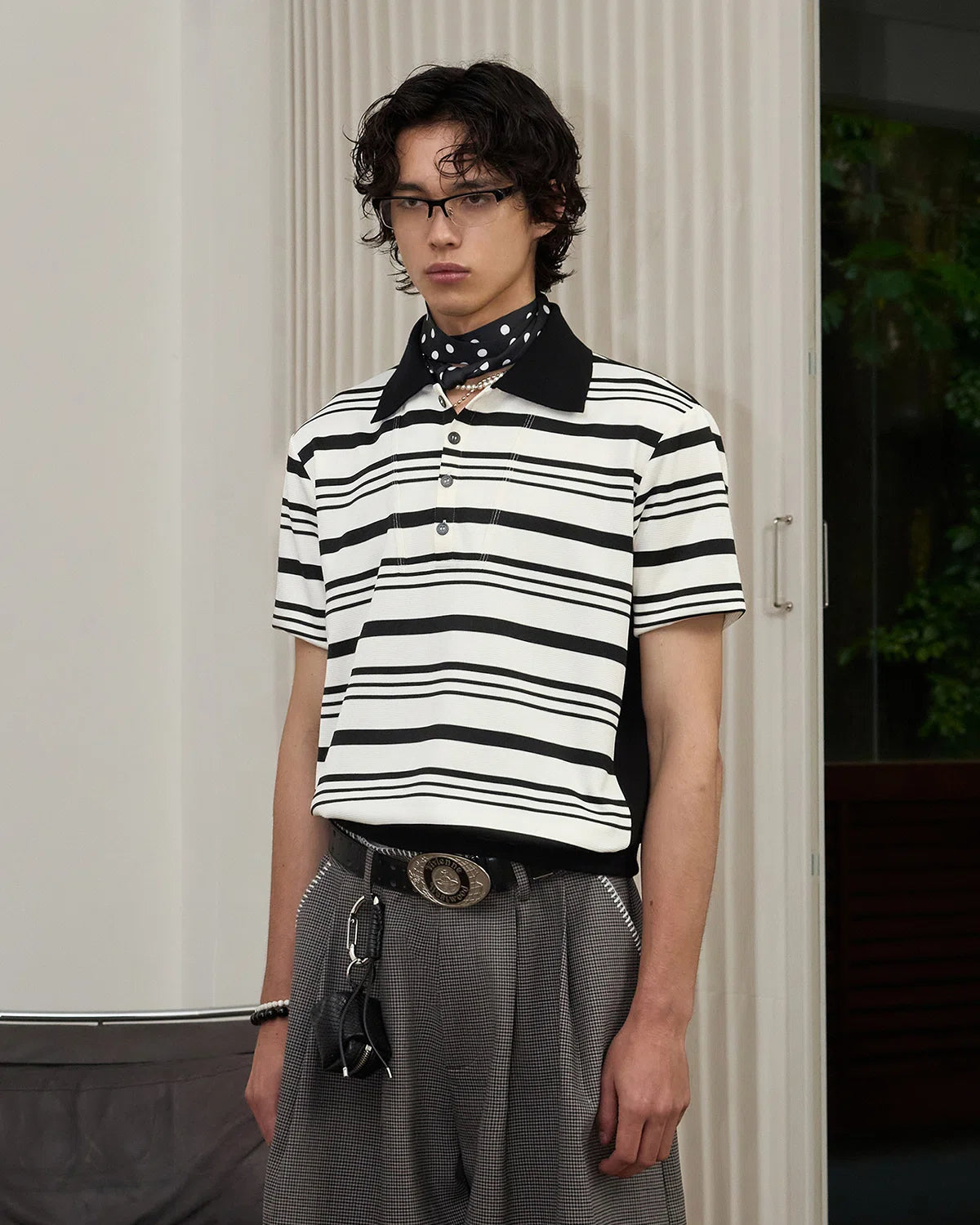 ZHABUXIAO Striped Waffle Knit Shell Button Polo Short Shirt White