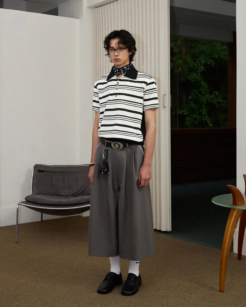 ZHABUXIAO Striped Waffle Knit Shell Button Polo Short Shirt White