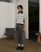 ZHABUXIAO Striped Waffle Knit Shell Button Polo Short Shirt White