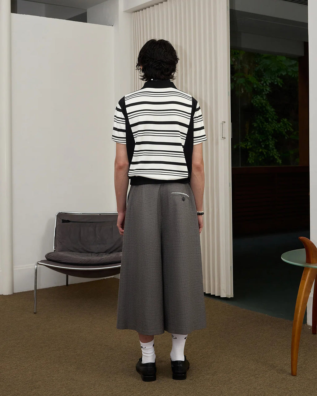ZHABUXIAO Striped Waffle Knit Shell Button Polo Short Shirt White