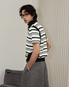 ZHABUXIAO Striped Waffle Knit Shell Button Polo Short Shirt White