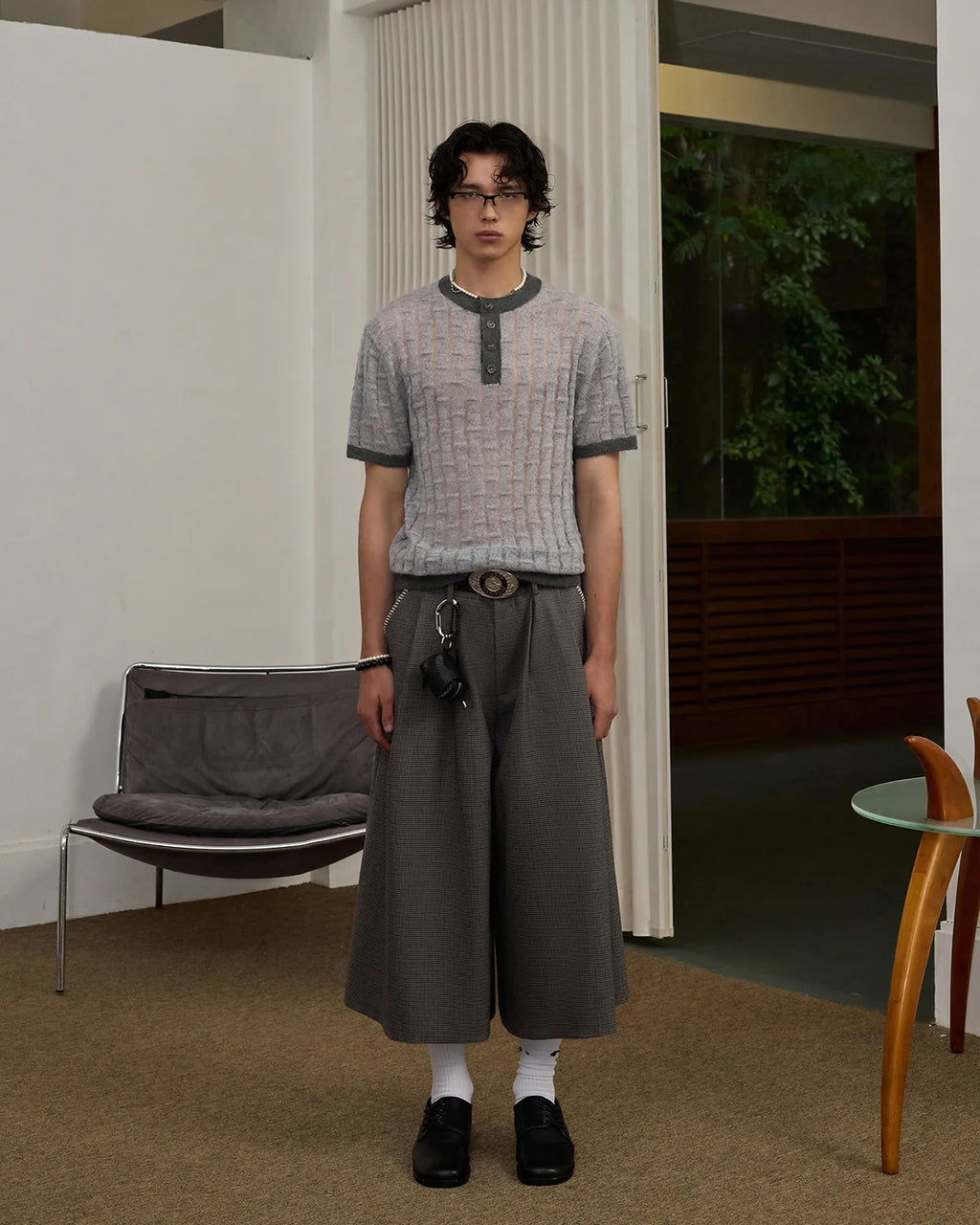ZHABUXIAO Alpaca Mohair Henley Knit Short Sleeve Polo Shirt Gray