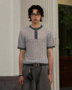 ZHABUXIAO Alpaca Mohair Henley Knit Short Sleeve Polo Shirt Gray