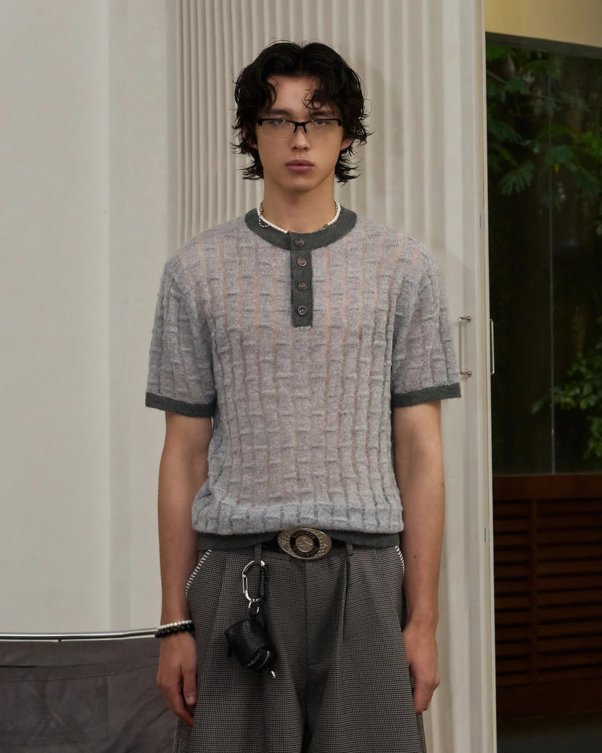 ZHABUXIAO Alpaca Mohair Henley Knit Short Sleeve Polo Shirt Gray