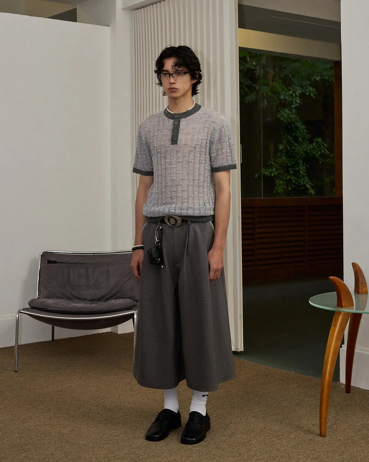 ZHABUXIAO Alpaca Mohair Henley Knit Short Sleeve Polo Shirt Gray