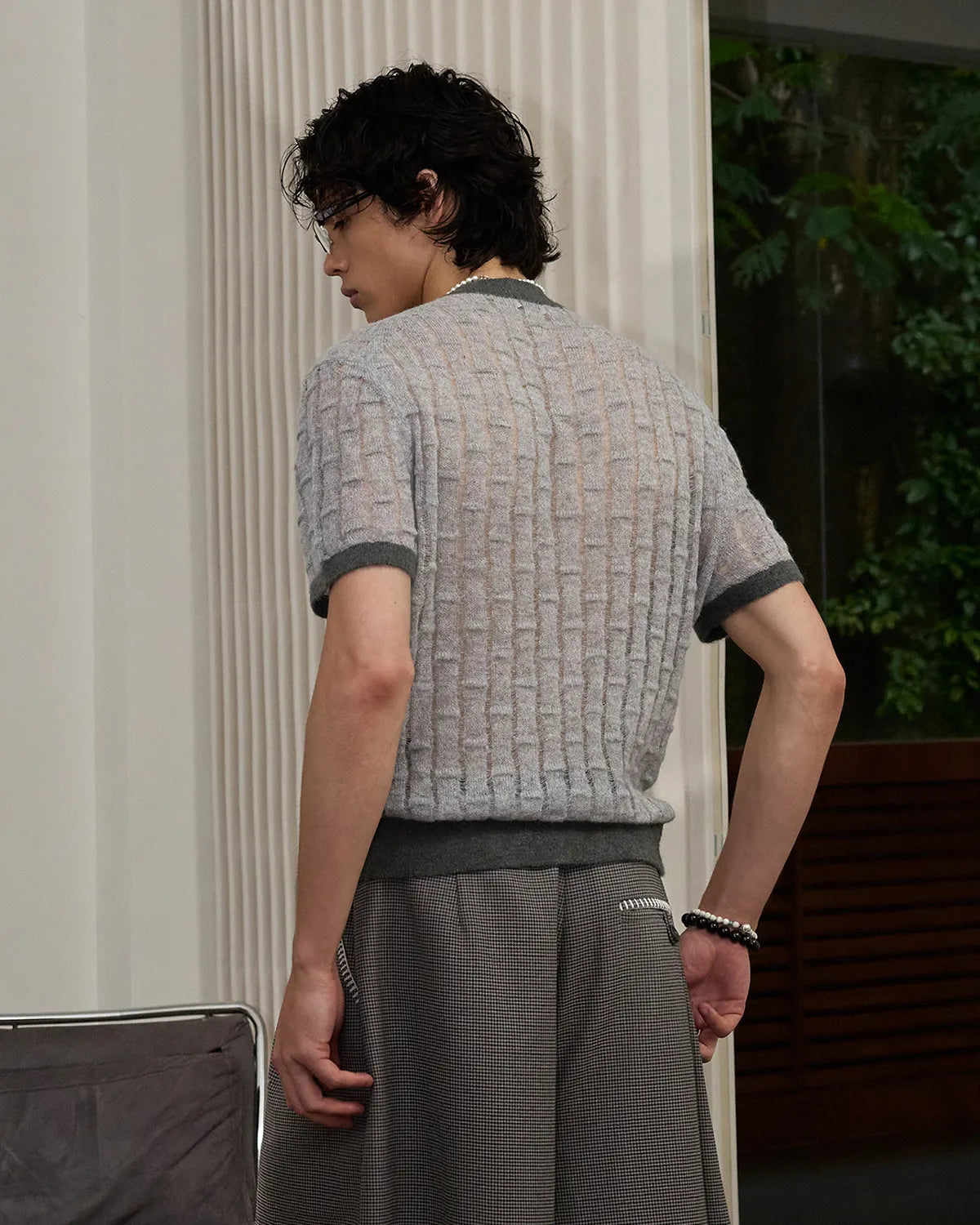 ZHABUXIAO Alpaca Mohair Henley Knit Short Sleeve Polo Shirt Gray