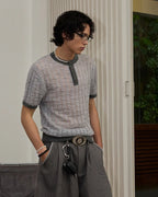 ZHABUXIAO Alpaca Mohair Henley Knit Short Sleeve Polo Shirt Gray