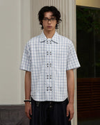 ZHABUXIAO Double Breasted Loose Plaid Curved Hem Shirt Blue