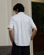 ZHABUXIAO Double Breasted Loose Plaid Curved Hem Shirt Blue