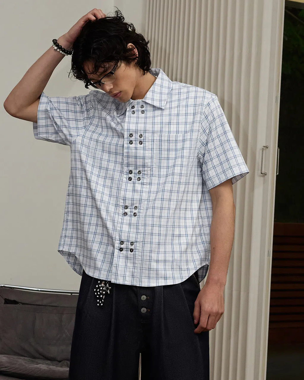 ZHABUXIAO Double Breasted Loose Plaid Curved Hem Shirt Blue
