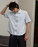 ZHABUXIAO Double Breasted Loose Plaid Curved Hem Shirt Blue