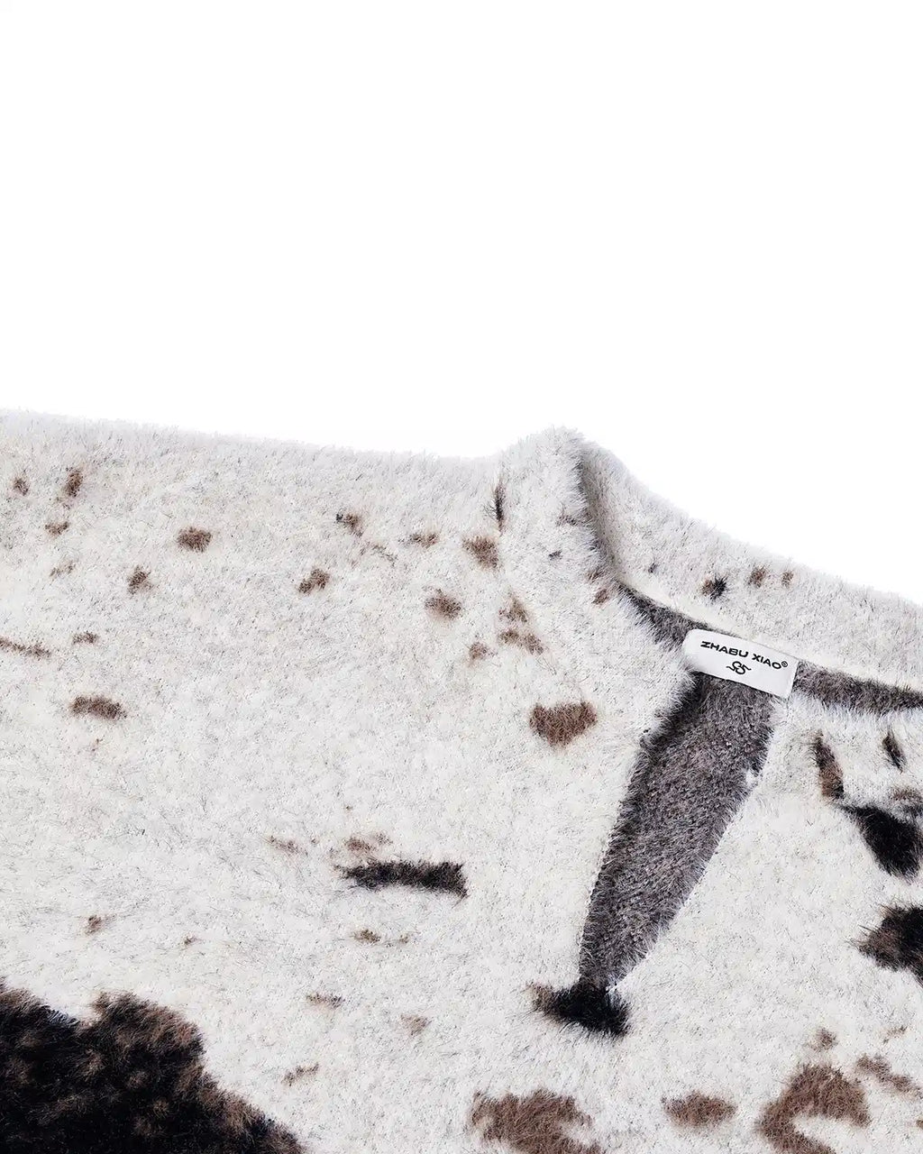 ZHABUXIAO Cow Pattern V Neck Textured Colorblock Knit Sweater Cow Print