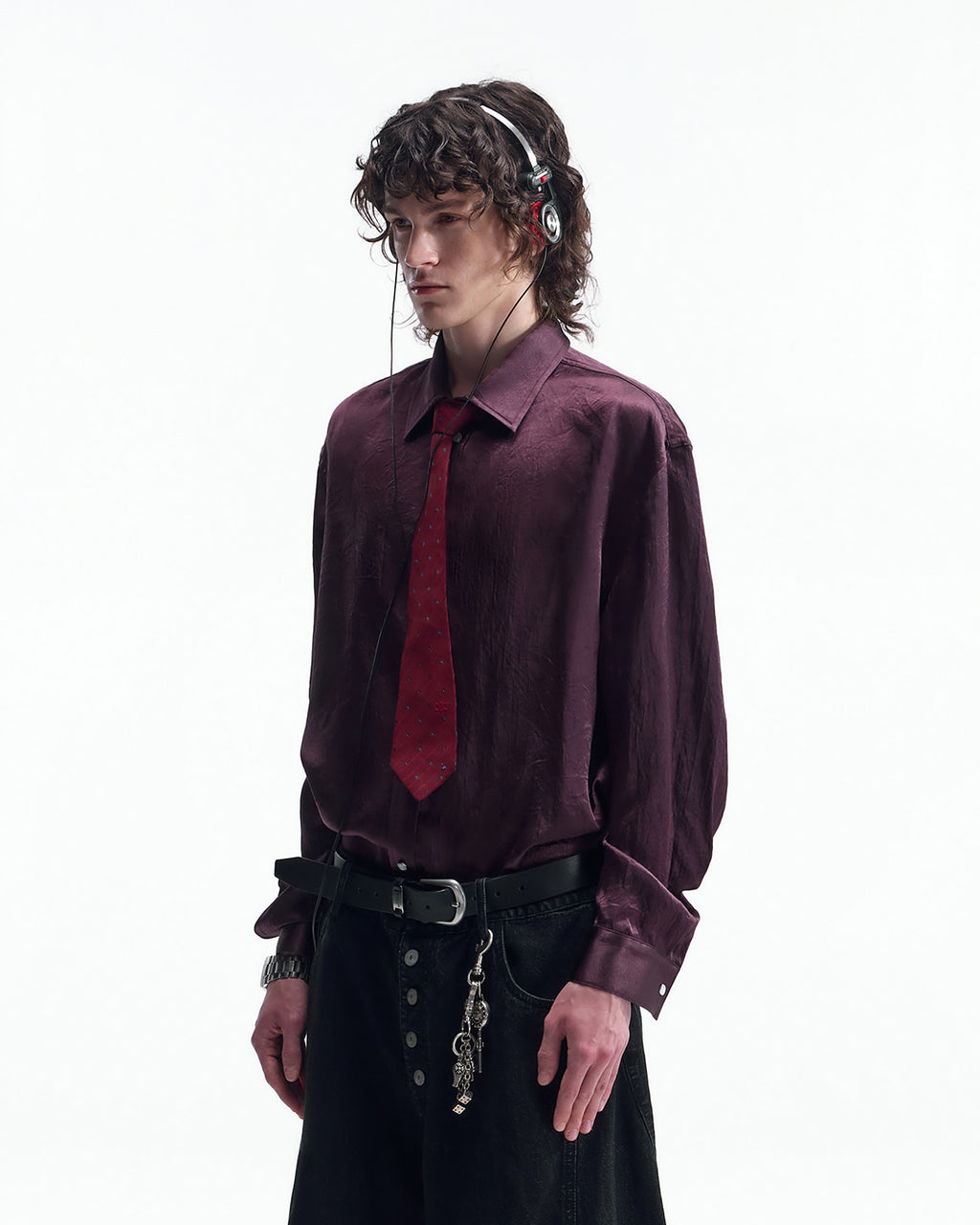ZHABUXIAO Elegant Crinkled Acetate Satin Long Sleeve Shirt Dark Purple