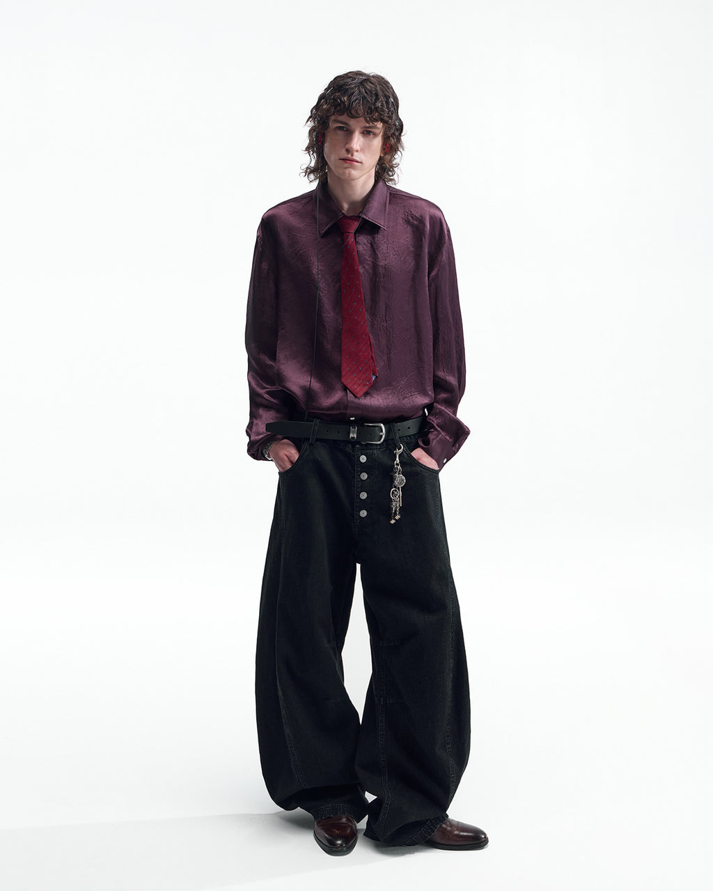 ZHABUXIAO Elegant Crinkled Acetate Satin Long Sleeve Shirt Dark Purple