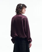 ZHABUXIAO Elegant Crinkled Acetate Satin Long Sleeve Shirt Dark Purple