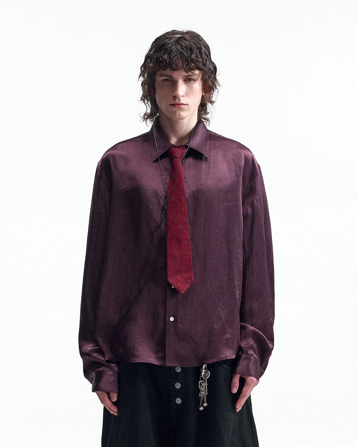ZHABUXIAO Elegant Crinkled Acetate Satin Long Sleeve Shirt Dark Purple