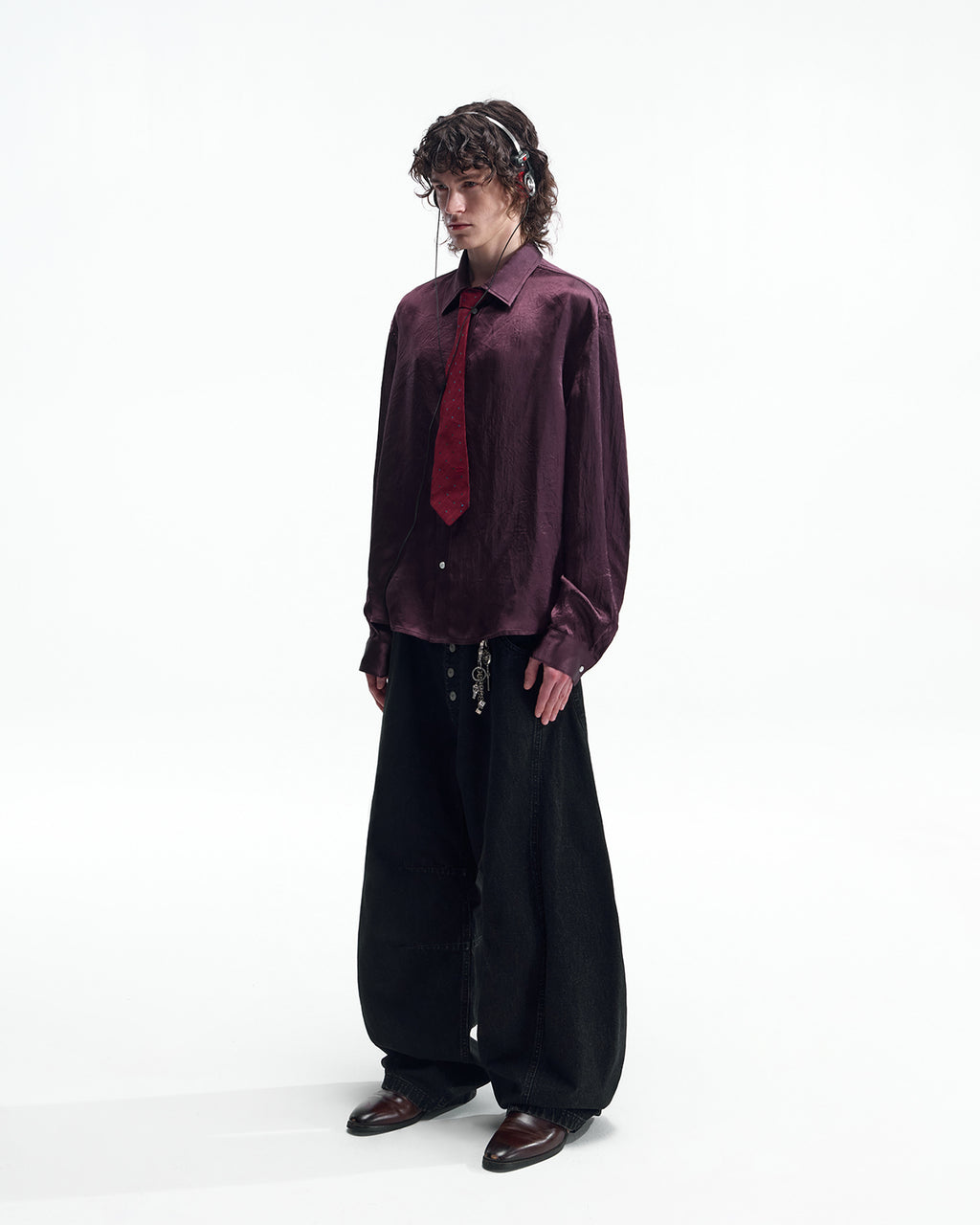 ZHABUXIAO Elegant Crinkled Acetate Satin Long Sleeve Shirt Dark Purple