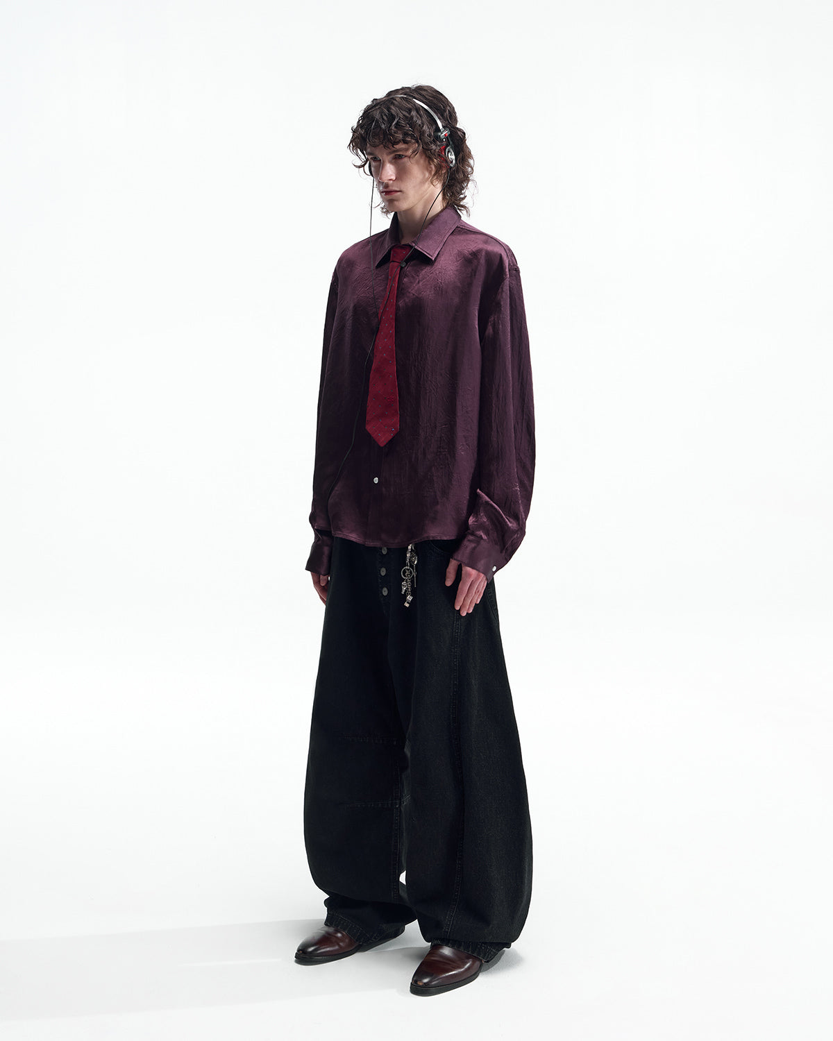 ZHABUXIAO Elegant Crinkled Acetate Satin Long Sleeve Shirt Dark Purple
