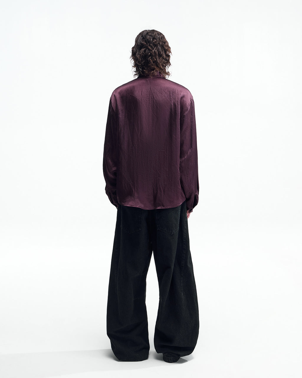 ZHABUXIAO Elegant Crinkled Acetate Satin Long Sleeve Shirt Dark Purple