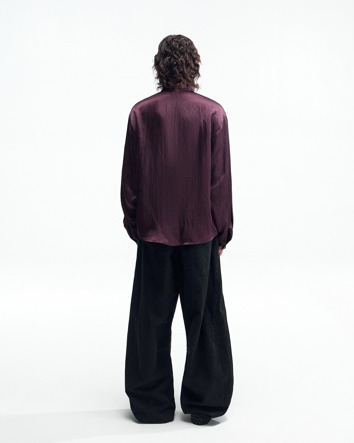 ZHABUXIAO Elegant Crinkled Acetate Satin Long Sleeve Shirt Dark Purple