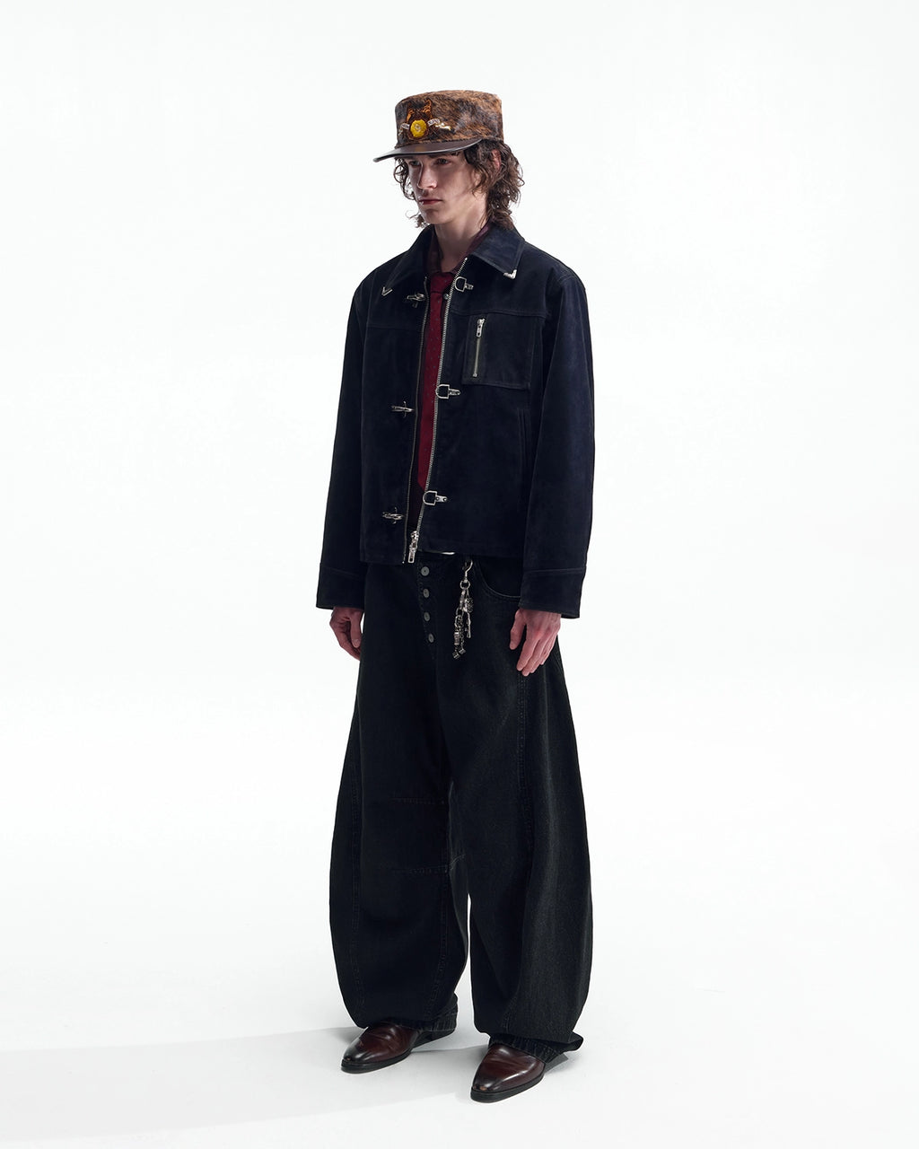ZHABUXIAO Textured Denim Diamond Button Curved Wide Jeans Black