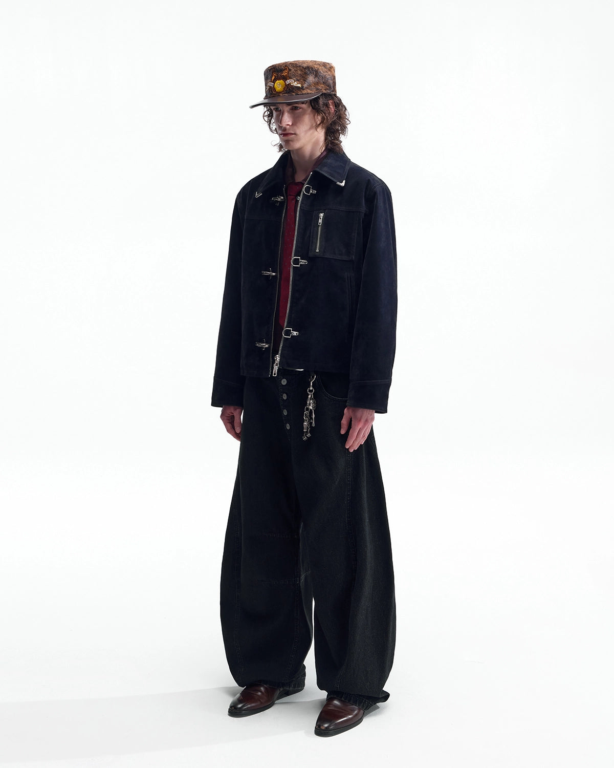 ZHABUXIAO Textured Denim Diamond Button Curved Wide Jeans Black