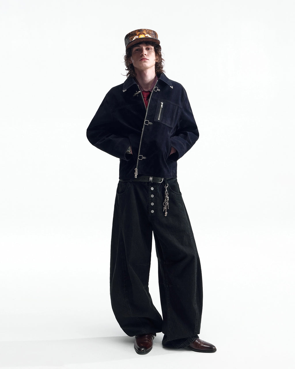 ZHABUXIAO Textured Denim Diamond Button Curved Wide Jeans Black
