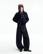 ZHABUXIAO Textured Denim Diamond Button Curved Wide Jeans Black