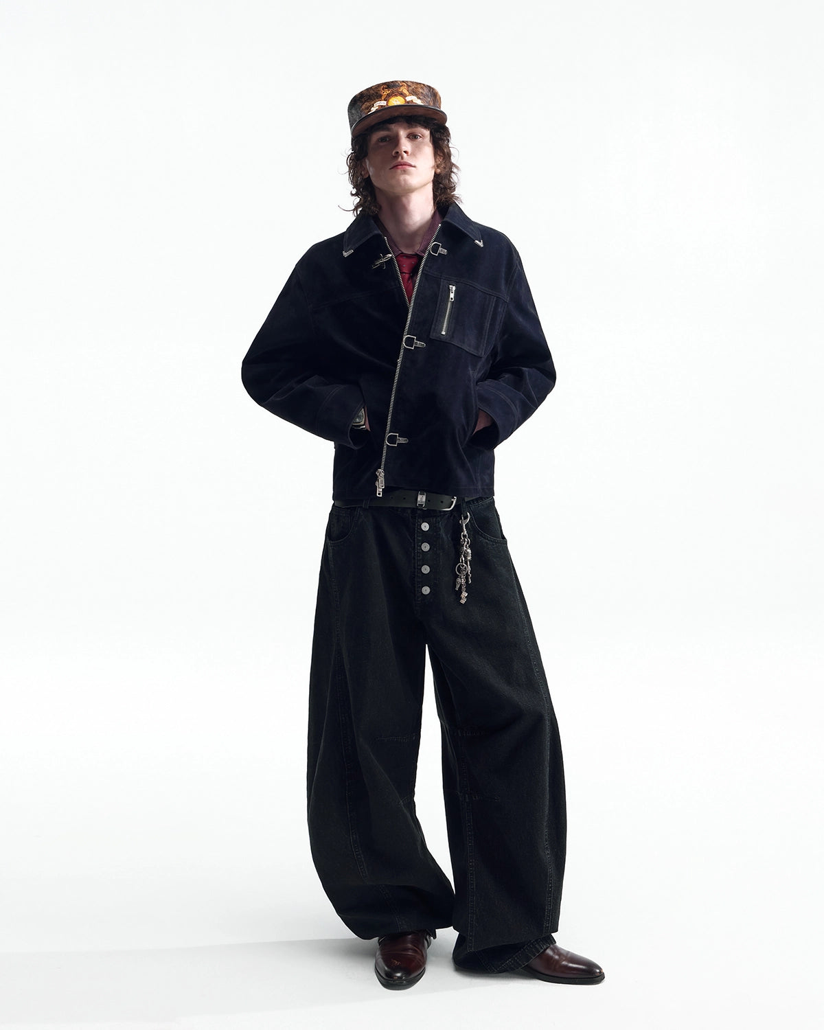 ZHABUXIAO Textured Denim Diamond Button Curved Wide Jeans Black