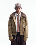 ZHABUXIAO Shearling Collar Metal Button Retro Fleece Jacket Khaki