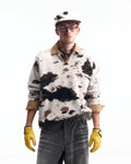 ZHABUXIAO Cow Pattern V Neck Textured Colorblock Knit Sweater Cow Print